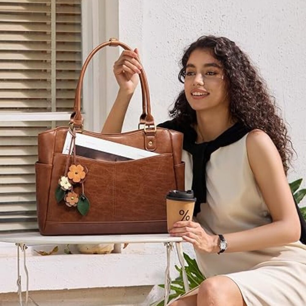 LOVEVOOK Vintage Leather Laptop Tote • Work & Office Bag - Picture 3 of 6
